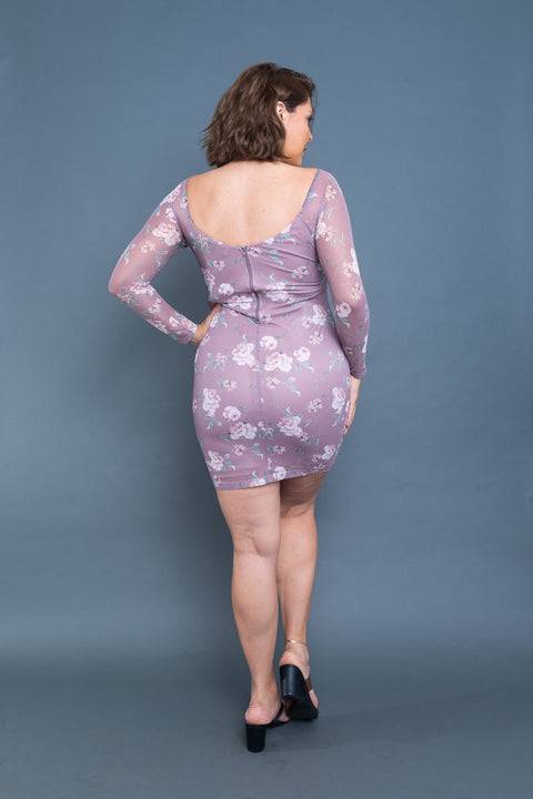 Plus Size Floral Print Off Shoulder Sweetheart Neck Long Sleeve Ruched Mini Dress in Dusty Mauve (CD54542P) - Wholesale Fashion Couture 