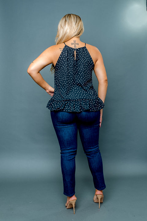 Plus Size Triangle Confetti Print Halter Top with Ruffle Hem and Keyhole Back (ZA4622) - Wholesale Fashion Couture 