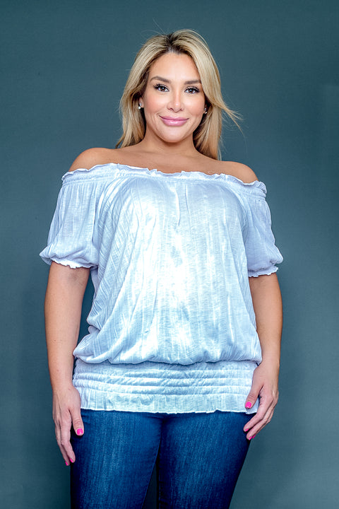 Plus Size Off Shoulder Smocked Ruffle Short Sleeve Top in White (SK141452W) - Wholesale Fashion Couture 