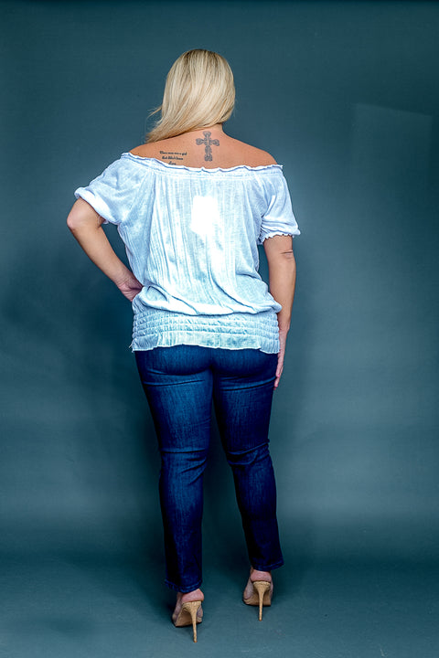 Plus Size Off Shoulder Smocked Ruffle Short Sleeve Top in White (SK141452W) - Wholesale Fashion Couture 