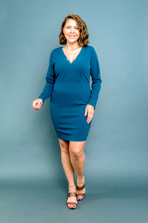 Plus Size Scalloped V Neck Long Sleeve Midi Dress in Teal (CD52540P) - Wholesale Fashion Couture 