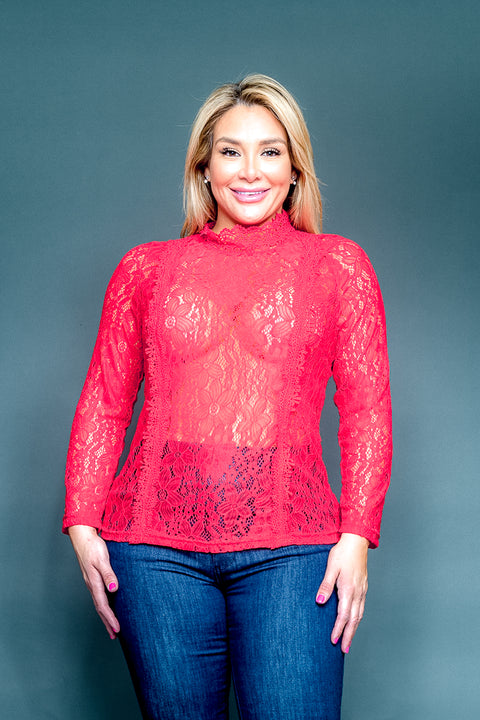 Plus Size Mock Neck Long Sleeve Romantic Lace Top (ZB10623) - Wholesale Fashion Couture 