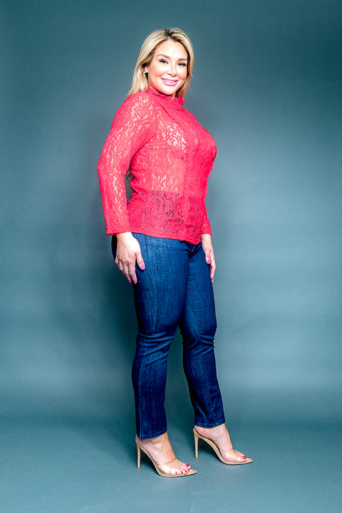 Plus Size Mock Neck Long Sleeve Romantic Lace Top (ZB10623) - Wholesale Fashion Couture 