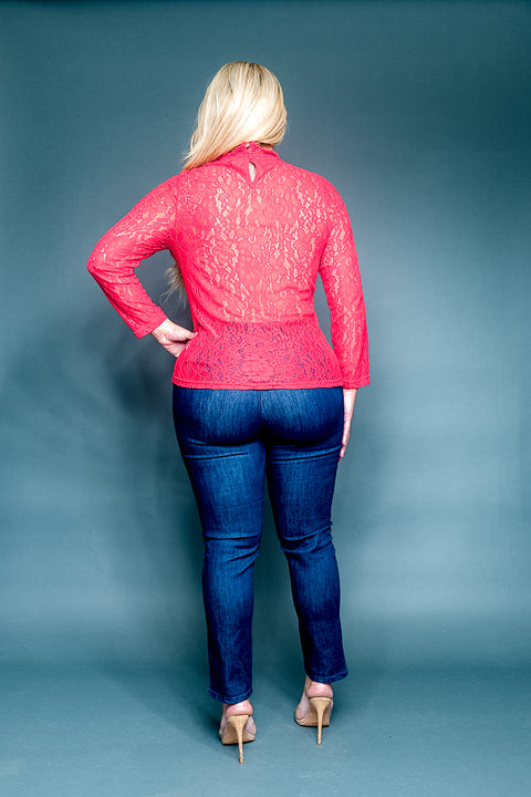 Plus Size Mock Neck Long Sleeve Romantic Lace Top (ZB10623) - Wholesale Fashion Couture 