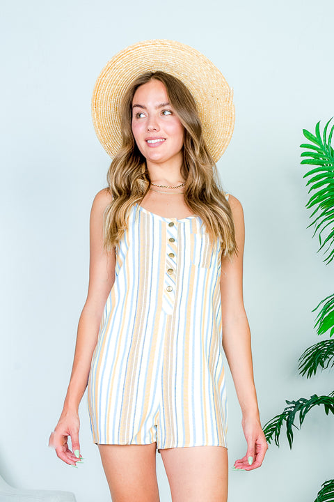 Linen Light Scoop Neck Sleeveless Multi Color Striped Mini Shorts Romper with Front Pocket and Brass Snap Front Closure (DD1532) - Wholesale Fashion Couture 