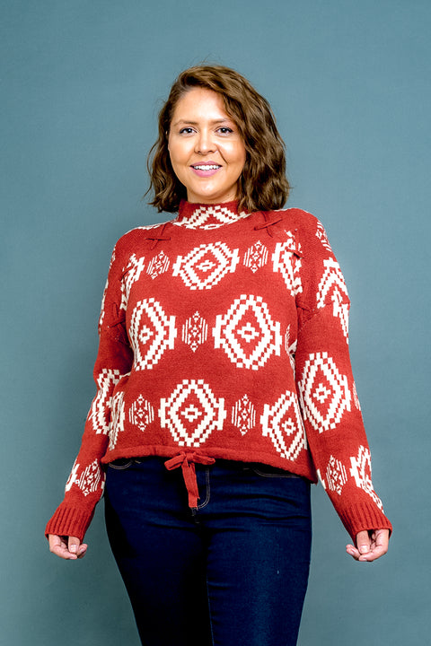 Plus Size Long Sleeve Aztec Print Mock Neck Sweater with Drawstring Waist (31194) - Wholesale Fashion Couture 
