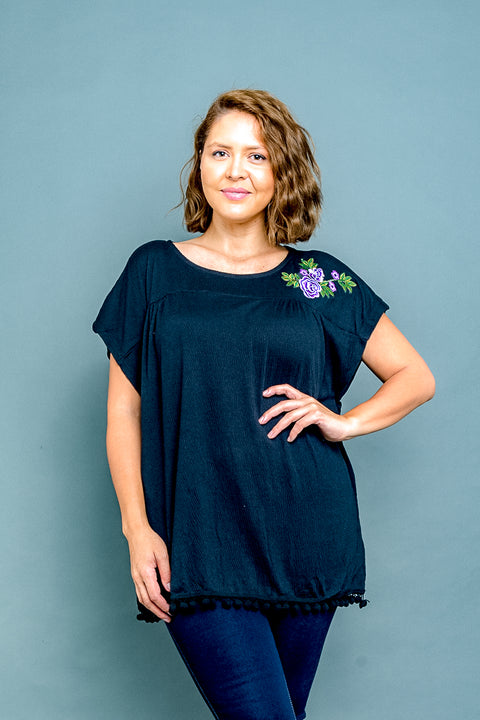 Plus Size Purple Rose Embroidered Cap Sleeve Top with Pom Fringe Hem (SK181219W) - Wholesale Fashion Couture 