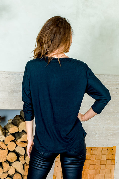 Long Sleeve Triple Gold Ringed Keyhole Top with Dolphin Hem (FK181336) - Wholesale Fashion Couture 
