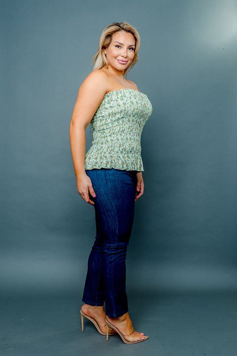 (INVENTORY PENDING) 'Natural Beauty' Plus Size Floral Print Smocked Tube Top with Faux Button Front and Ruffle Hem (ZB11575F) - Wholesale Fashion Couture 