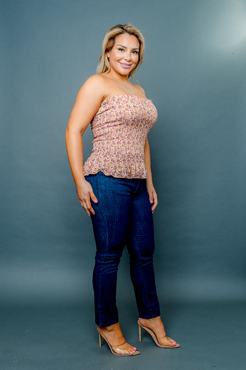 (INVENTORY PENDING) 'Natural Beauty' Plus Size Floral Print Smocked Tube Top with Faux Button Front and Ruffle Hem (ZB11575F) - Wholesale Fashion Couture 