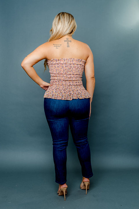 (INVENTORY PENDING) 'Natural Beauty' Plus Size Floral Print Smocked Tube Top with Faux Button Front and Ruffle Hem (ZB11575F) - Wholesale Fashion Couture 