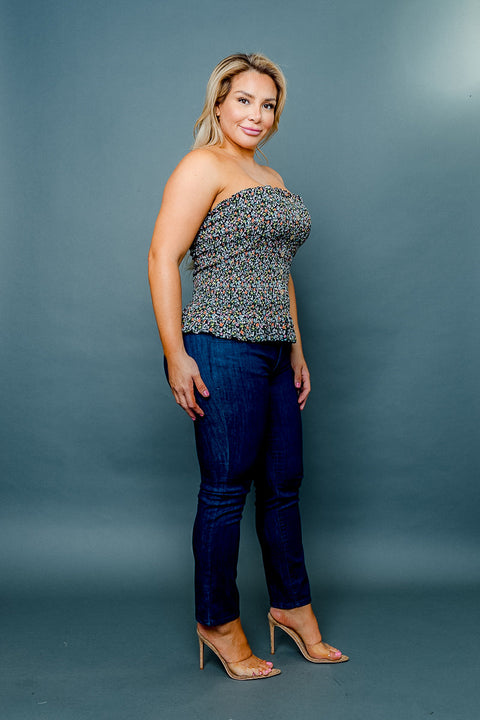 (INVENTORY PENDING) 'Natural Beauty' Plus Size Floral Print Smocked Tube Top with Faux Button Front and Ruffle Hem (ZB11575F) - Wholesale Fashion Couture 