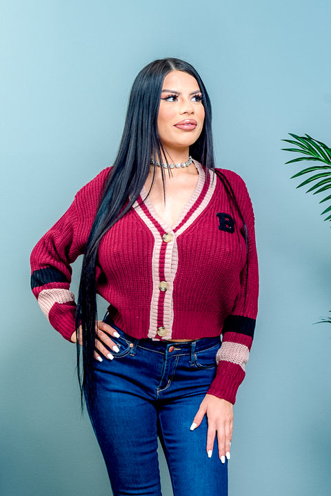 'Queen B' Varsity Style Cropped Rib Knit Button Down Cardigan with Contrast Striped Long Sleeves (90038WH) - Wholesale Fashion Couture 