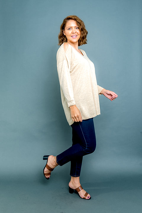 Plus Size Long Sleeve V Neck Top with Gold Accents at Slit Shoulder (FK171176W) - Wholesale Fashion Couture 