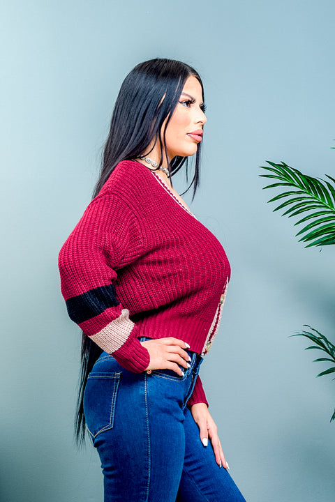 'Queen B' Varsity Style Cropped Rib Knit Button Down Cardigan with Contrast Striped Long Sleeves (90038WH) - Wholesale Fashion Couture 