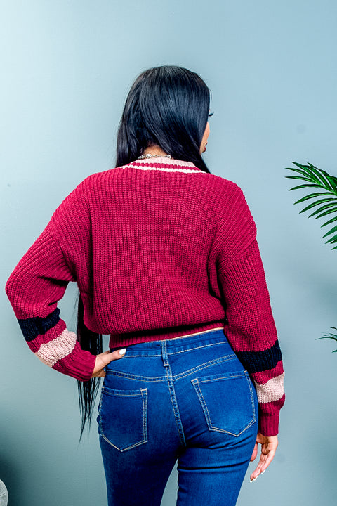 'Queen B' Varsity Style Cropped Rib Knit Button Down Cardigan with Contrast Striped Long Sleeves (90038WH) - Wholesale Fashion Couture 