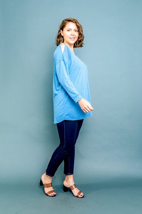 Plus Size Long Sleeve V Neck Top with Gold Accents at Slit Shoulder (FK171176W) - Wholesale Fashion Couture 