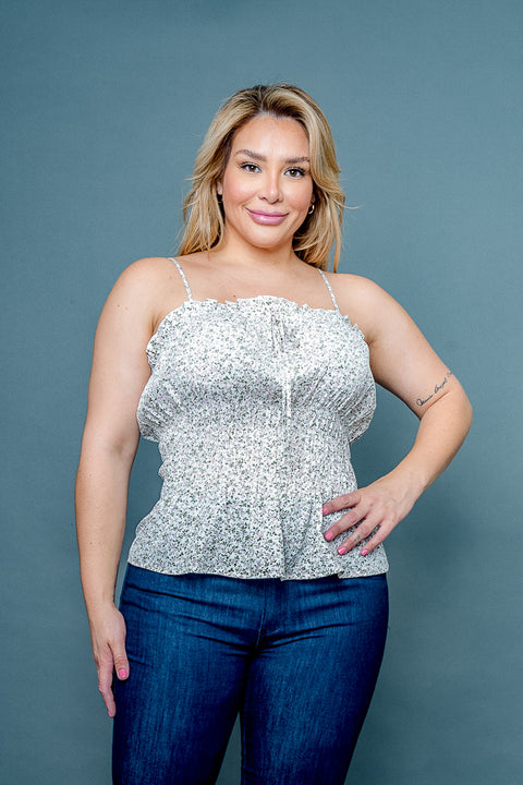 'Natural Beauty' Plus Size Floral Print Spaghetti Strap Smocked Waist Top with Ruffle Hem (ZB10979F7) - Wholesale Fashion Couture 