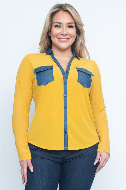 Plus Size Solid Light Button Down Long Sleeve Top 2Front Pockets* (ZB9954) - Wholesale Fashion Couture 