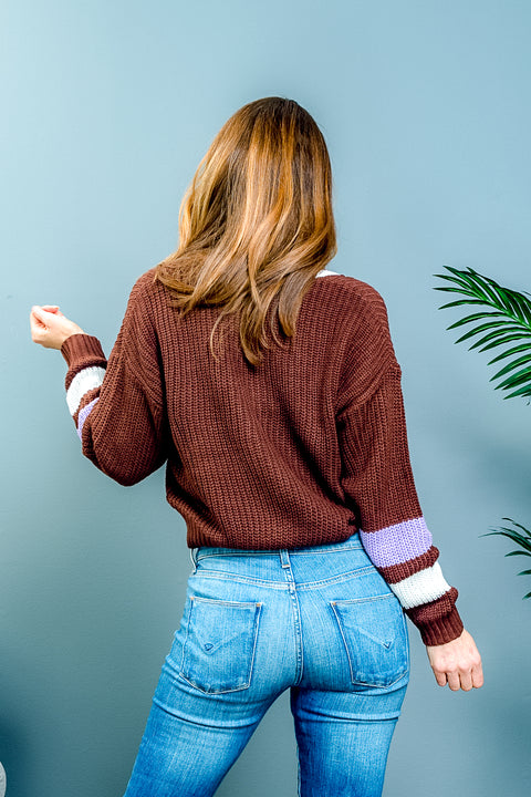 'Queen B' Varsity Style Cropped Rib Knit Button Down Cardigan with Contrast Striped Long Sleeves (90038WH) - Wholesale Fashion Couture 