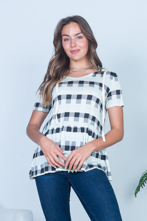 Buffalo Plaid Short Sleeve Peplum Top w/Hoodie with Drawstrings (HT9229) - Wholesale Fashion Couture 