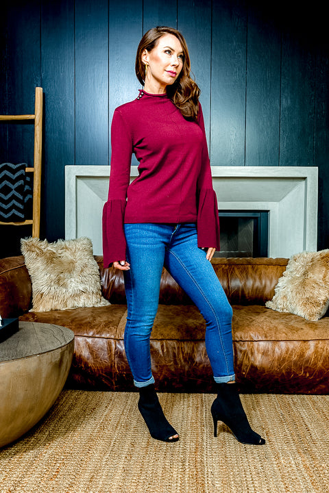 'Drama Queen' High Mock Neck Sweater with Metal Button Closure and Long Gathered Bell Sleeves* (FS17-054) - Wholesale Fashion Couture 