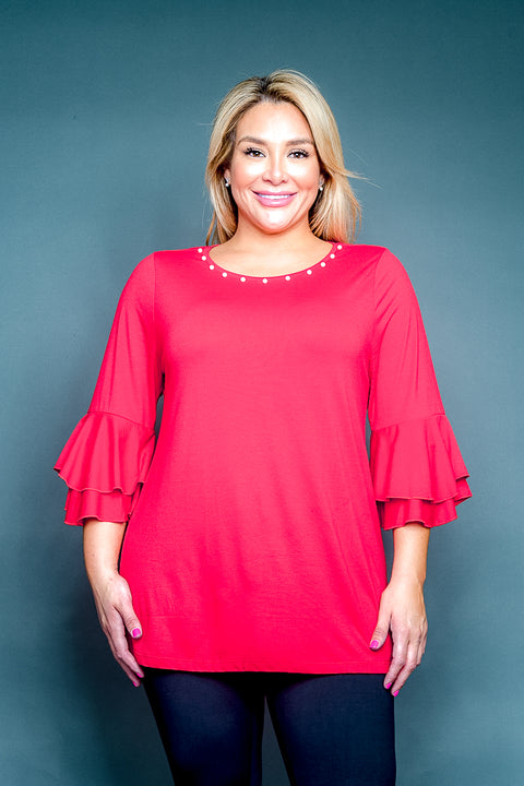 Plus Size Round Neck 3/4 Tiered Bell Sleeve Top with Pearl Trim (SK181235W) - Wholesale Fashion Couture 