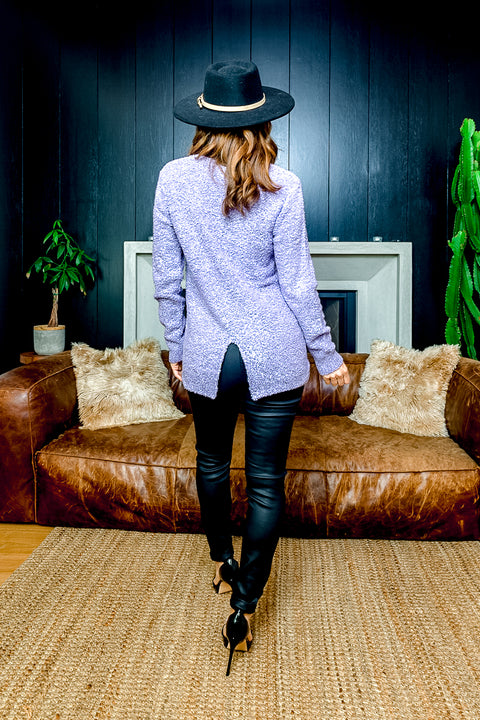 Metallic Dusted Long Sleeve Crew Neck Sweater with Ribbed Cuffs and Asymmetrical Hem and Back Vent (TW1367) - Wholesale Fashion Couture 
