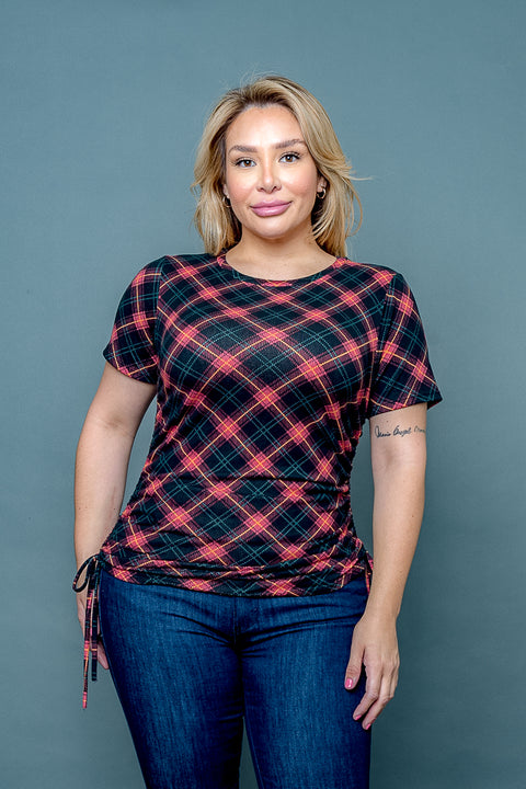 Plus Size Argyle Print Short Sleeve Top with Drawstring Ruched Sides (ZA34781) - Wholesale Fashion Couture 
