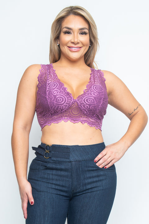 Plus Size V Neck Lace Bralette W/Front Lining Assorted Prints* (JT11948) - Wholesale Fashion Couture 