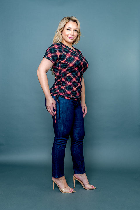 Plus Size Argyle Print Short Sleeve Top with Drawstring Ruched Sides (ZA34781) - Wholesale Fashion Couture 