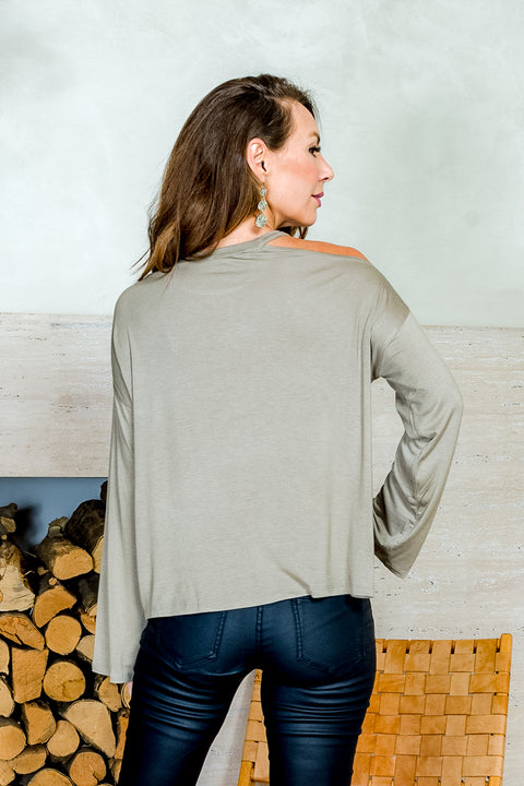 Cold Shoulder Crew Neck Relaxed Fit Tee with Long Bell Sleeves (DZ19A871) - Wholesale Fashion Couture 