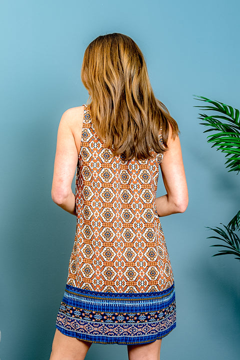 Multi Color Aztec Print Sleeveless Tunic Style Mini Dress in Orange & Blue (D91783-E) - Wholesale Fashion Couture 
