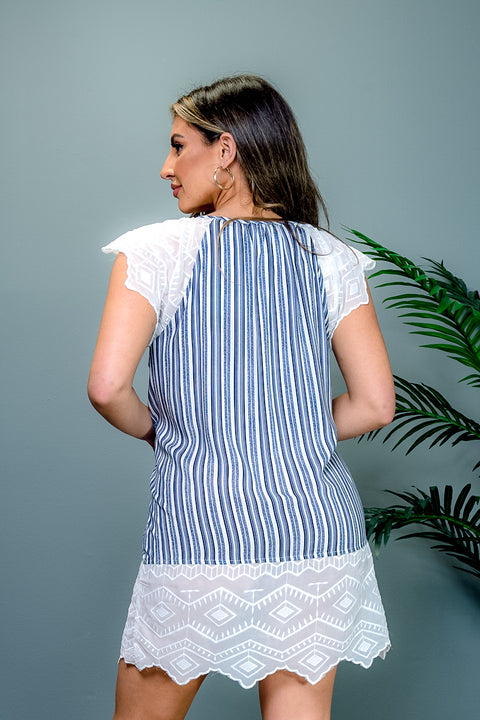 Stripe & Embroidered Lace Cap Sleeve A-Line Mini Dress with Keyhole Tie Front in Navy & White (14691) - Wholesale Fashion Couture 