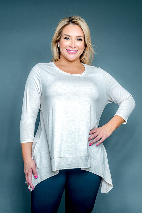 Plus Size Round Neck 3/4 Sleeve Top with Pearl Trim and Handkerchief Hem (SK184387W) - Wholesale Fashion Couture 