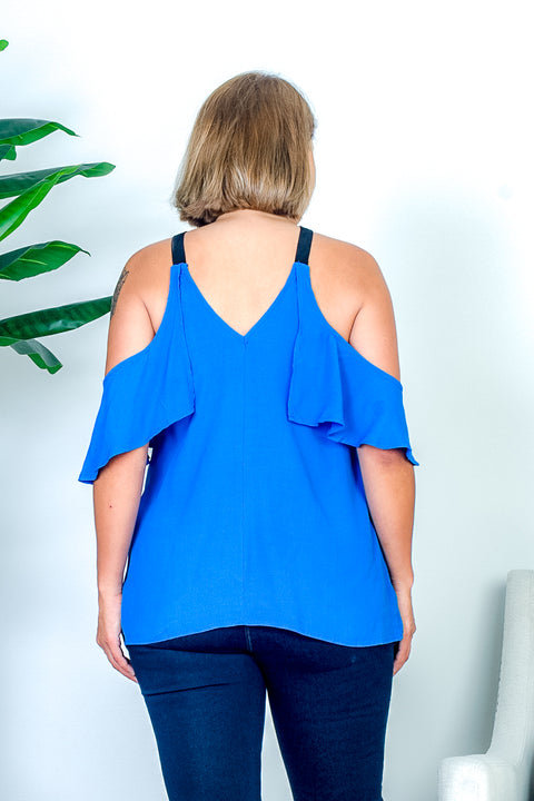 Plus Size Off Shoulder Ruffle Halter Top with V Back (HMT51043-PL) - Wholesale Fashion Couture 