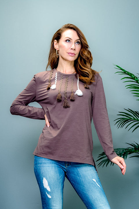 Long Sleeve Crew Neck Tunic Top with Contrast Tassel Bib Decor (LT23692) - Wholesale Fashion Couture 