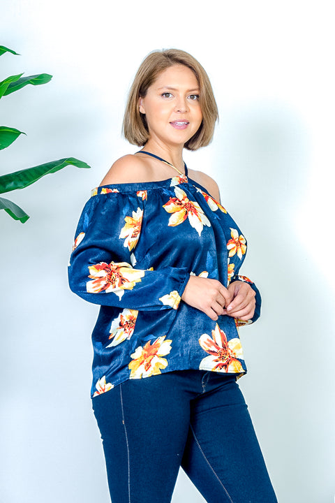 Plus Size Tropics Floral Print Off Shoulder Halter Top with Long Billowy Sleeves in Navy (IT9034-U243PL) - Wholesale Fashion Couture 
