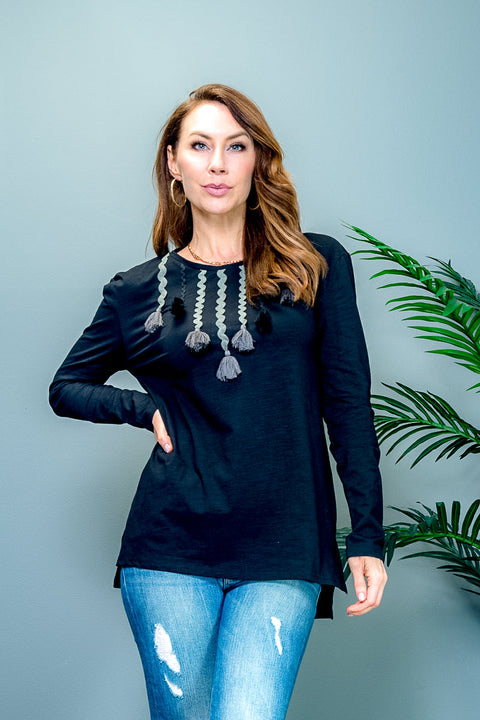 Long Sleeve Crew Neck Tunic Top with Contrast Tassel Bib Decor (LT23692) - Wholesale Fashion Couture 