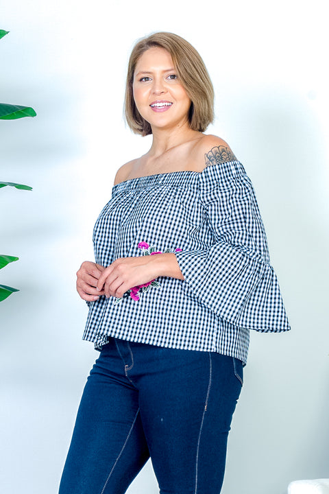 Plus Size Gingham Plaid Off Shoulder Long Bell Sleeve Top with Pink 3D Floral Embroidery in Black & White (IT9601PL) - Wholesale Fashion Couture 