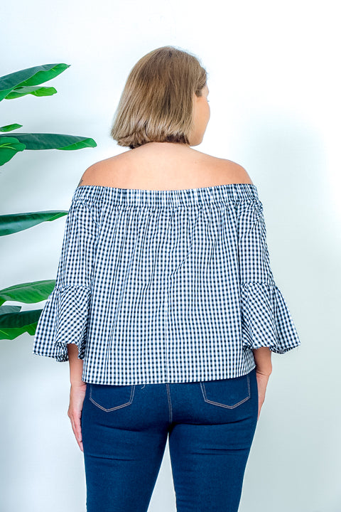 Plus Size Gingham Plaid Off Shoulder Long Bell Sleeve Top with Pink 3D Floral Embroidery in Black & White (IT9601PL) - Wholesale Fashion Couture 