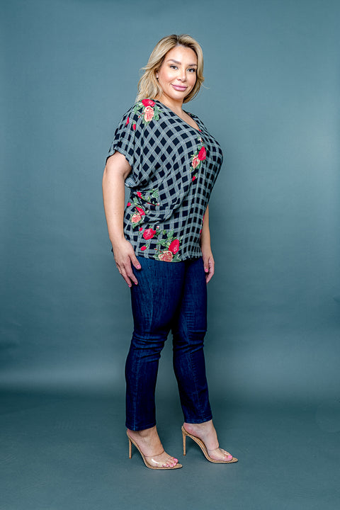Plus Size Plaid & Floral Print Scoop Neck Short Dolman Sleeve Top (ZA4547) - Wholesale Fashion Couture 