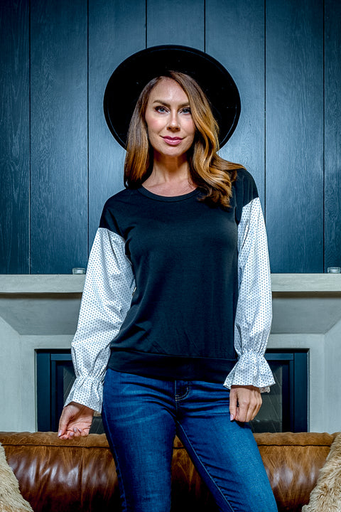 Crew Neck Sweatshirt with Contrast White & Black Polka Dot Long Sleeve and Bell Cuff (701381) - Wholesale Fashion Couture 