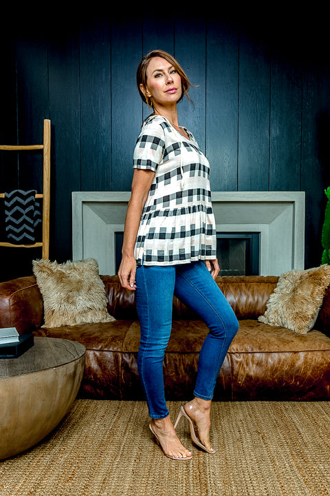 Buffalo Plaid Short Sleeve Peplum Hoodie with Drawstrings (HT9229) - Wholesale Fashion Couture 