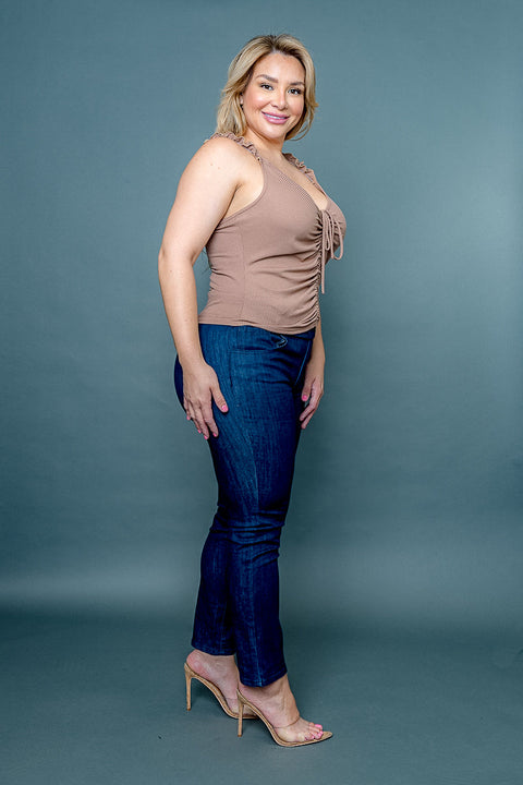 (INVENTORY PENDING) Plus Size V Neck Ribbed & Ruched Tie Front Tank Top with Ruffle Straps (ZA4543) - Wholesale Fashion Couture 