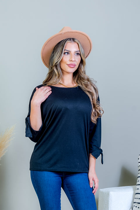 3/4 Sleeve Scoop Neck Top with Tie Detail at Cuff (SK171718) - Wholesale Fashion Couture 