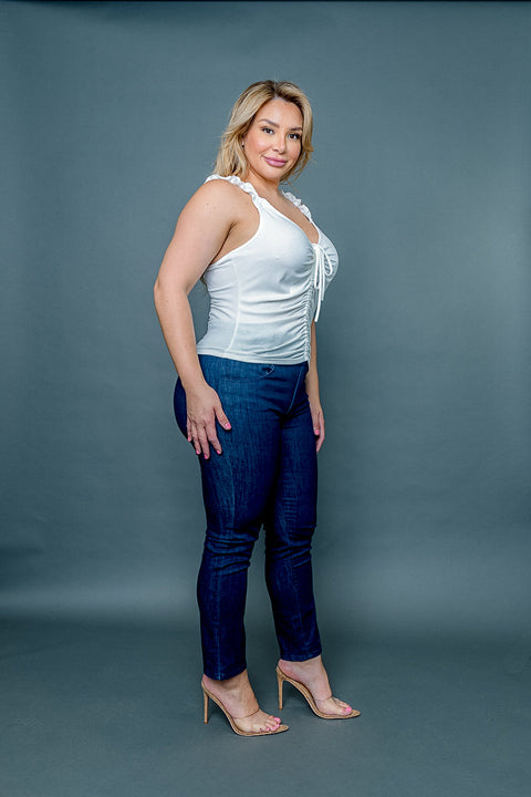 (INVENTORY PENDING) Plus Size V Neck Ribbed & Ruched Tie Front Tank Top with Ruffle Straps (ZA4543) - Wholesale Fashion Couture 