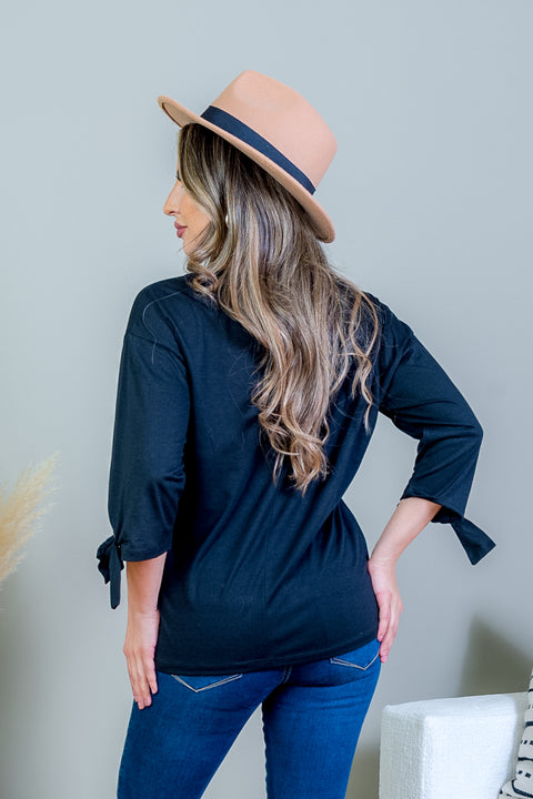 3/4 Sleeve Scoop Neck Top with Tie Detail at Cuff (SK171718) - Wholesale Fashion Couture 