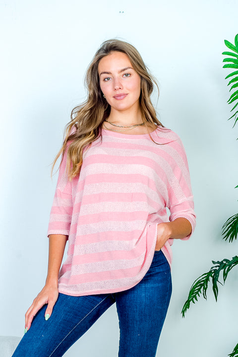 3/4 Sleeve Boat Neck Striped Crochet Knit Sweater (MT11043) - Wholesale Fashion Couture
