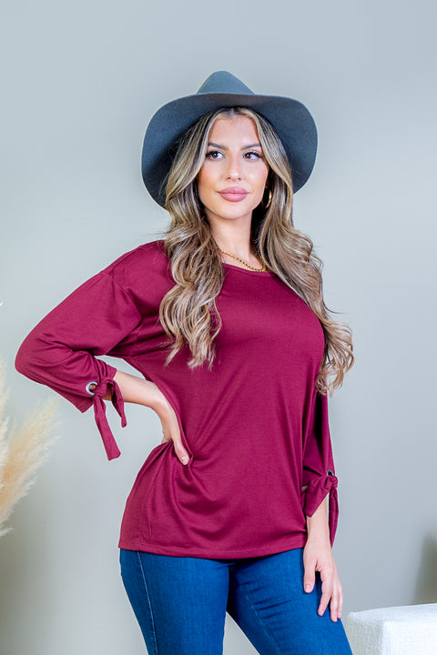 3/4 Sleeve Scoop Neck Top with Tie Detail at Cuff (SK171718) - Wholesale Fashion Couture 